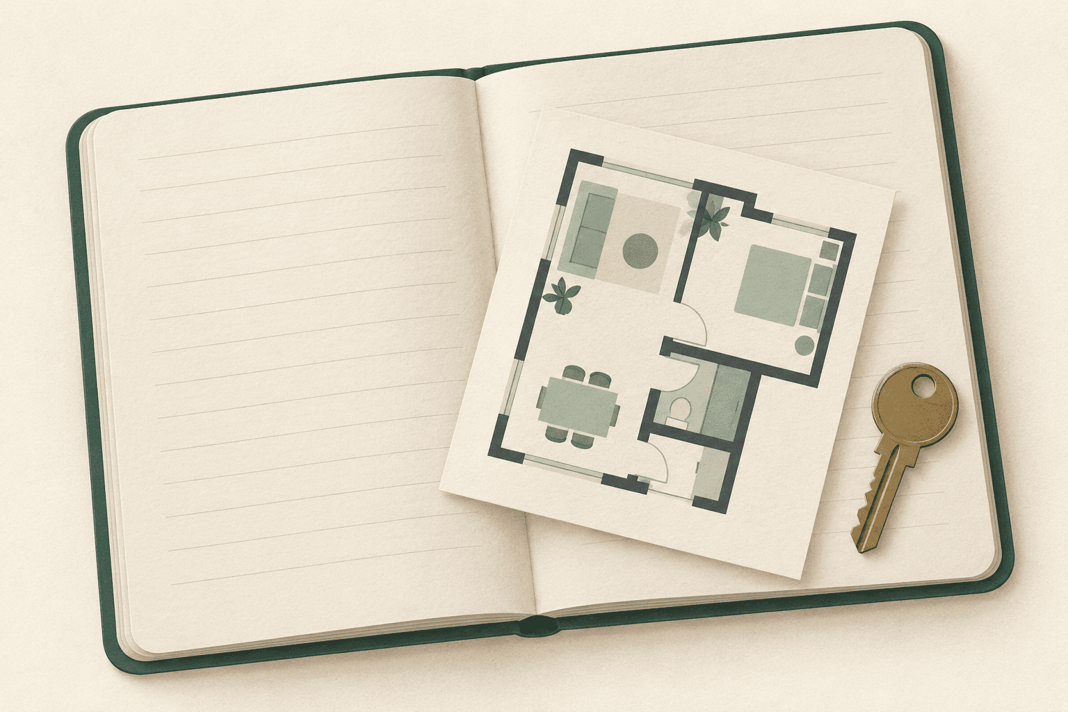 Conceptual illustration of a notebook, an abstract floor-plan card and a key